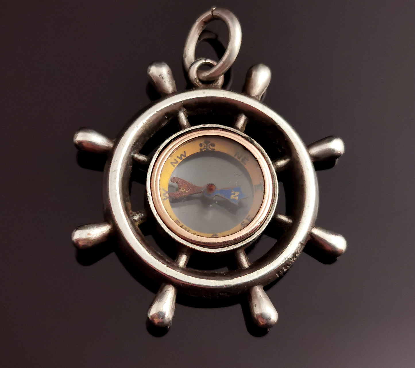 Victorian silver compass pendant, Ships Wheel, fob