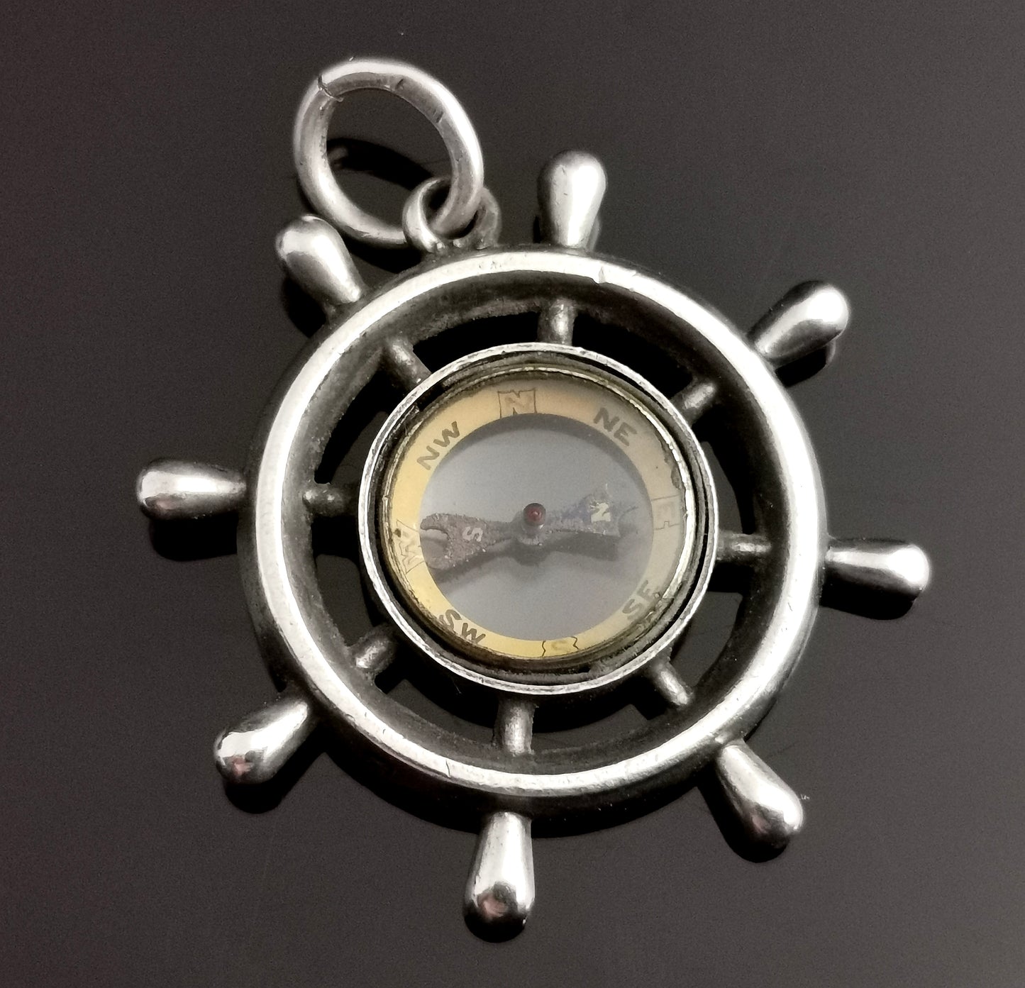 Victorian silver compass pendant, Ships Wheel, fob