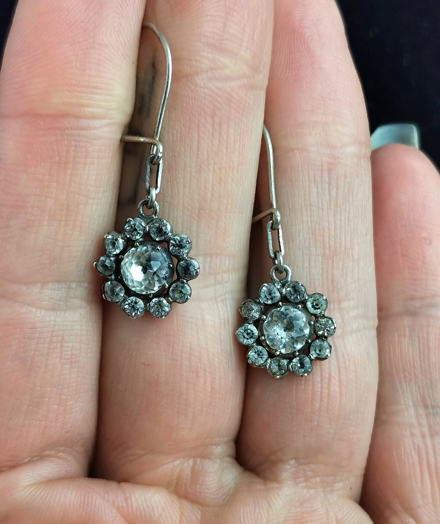 Antique Georgian black dot paste flower earrings, Sterling silver