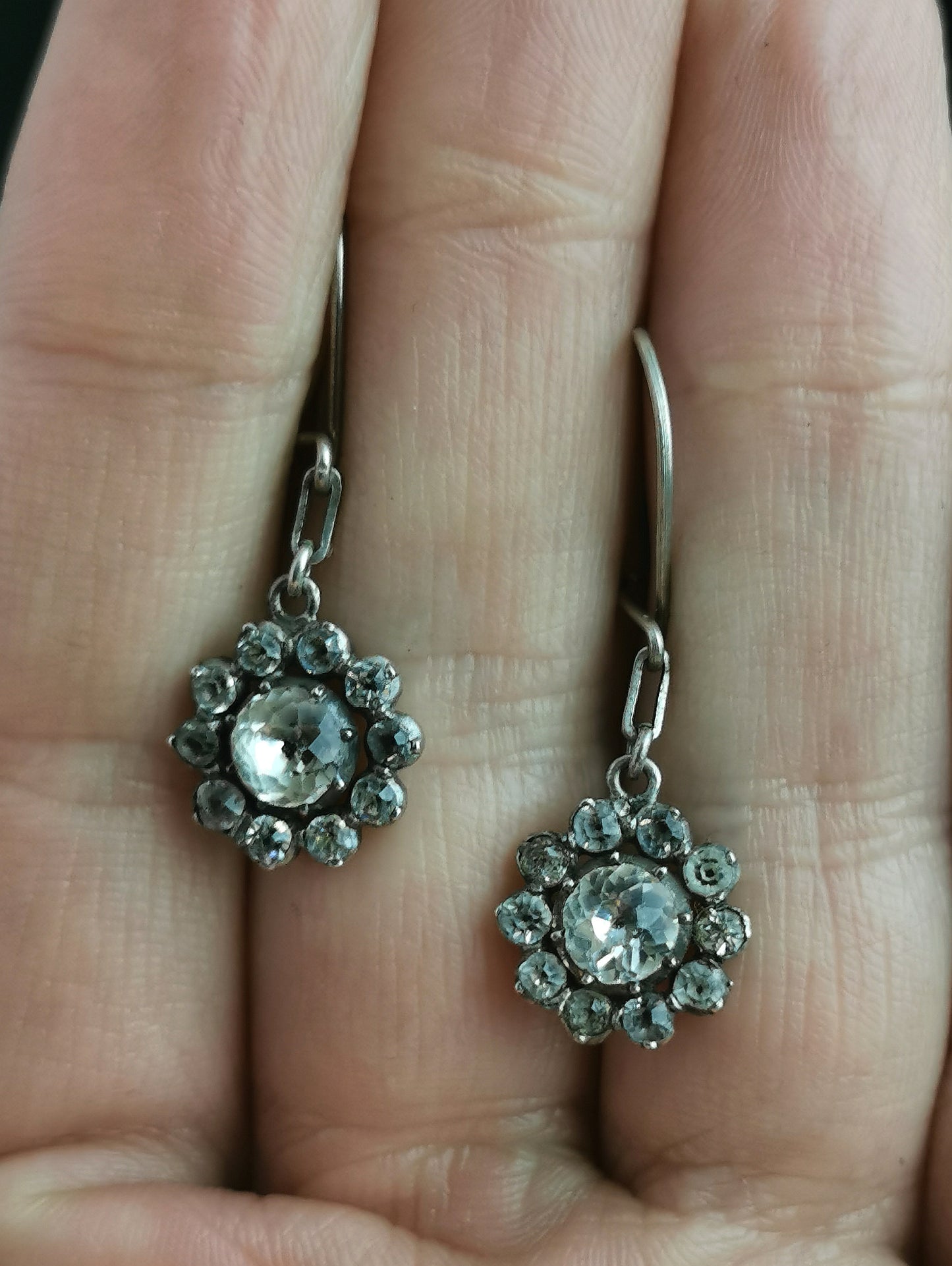 Antique Georgian black dot paste flower earrings, Sterling silver