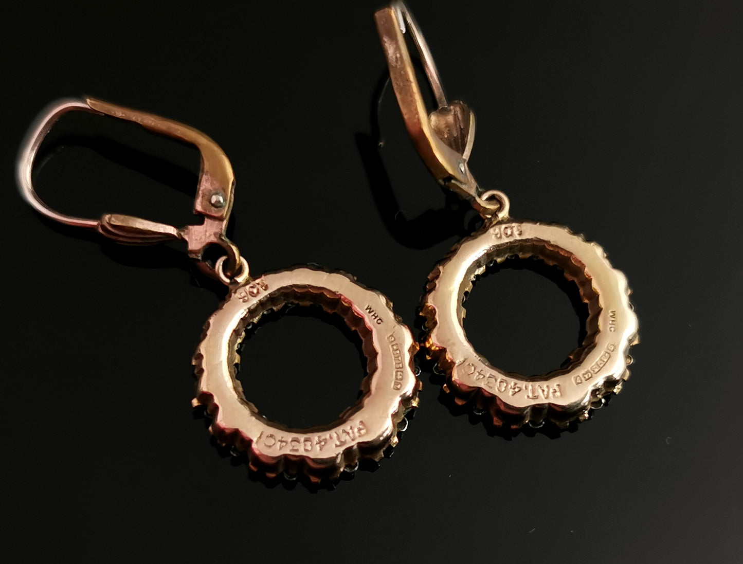 Vintage 9ct gold paste dangle earrings, 1950s