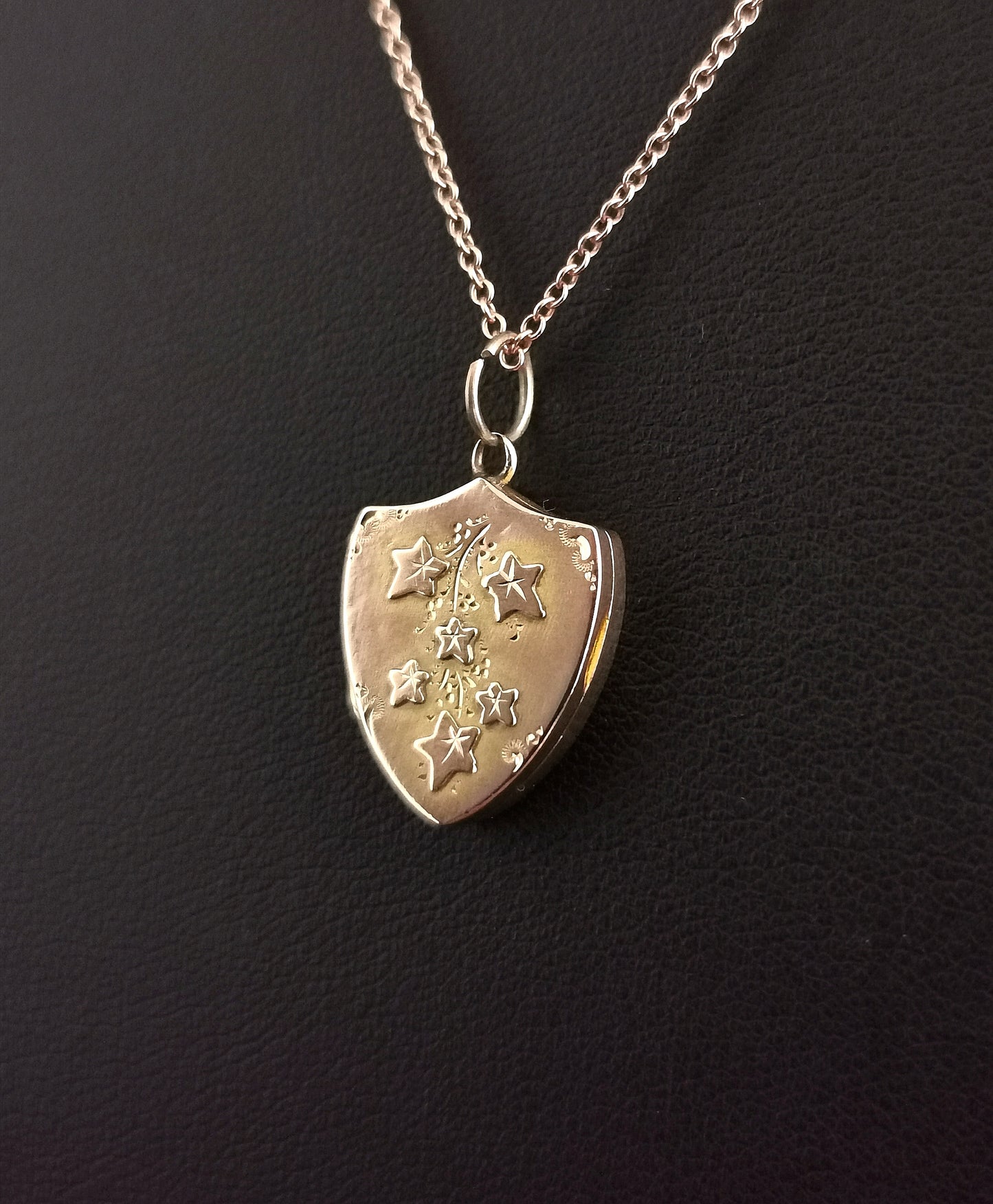 Antique shield locket, 9ct gold, Ivy engraved, necklace