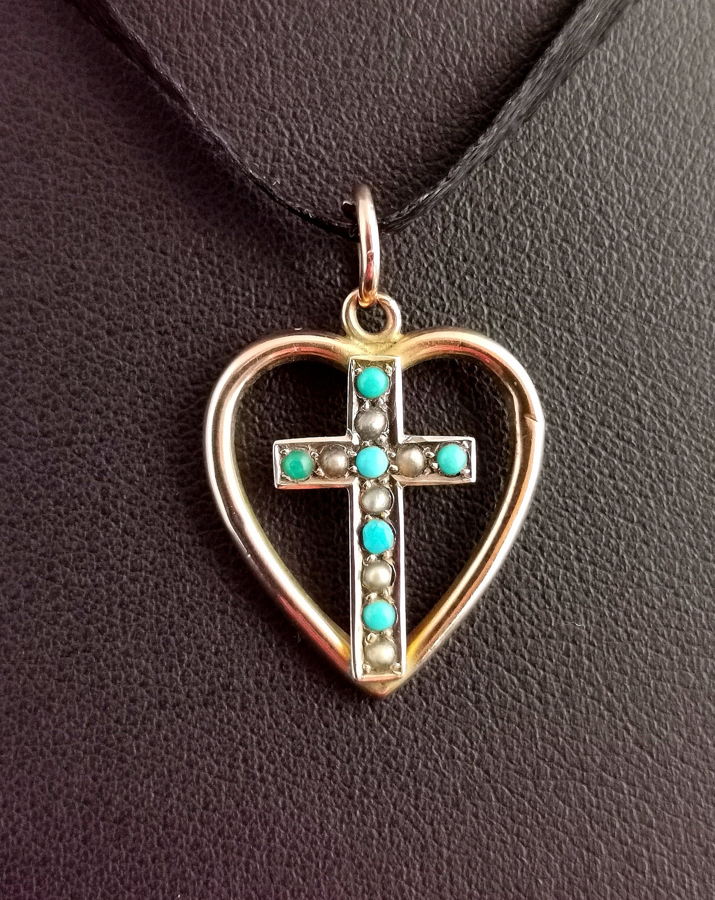 Antique Heart and Cross pendant, Turquoise and seed pearl, 9ct Rose gold