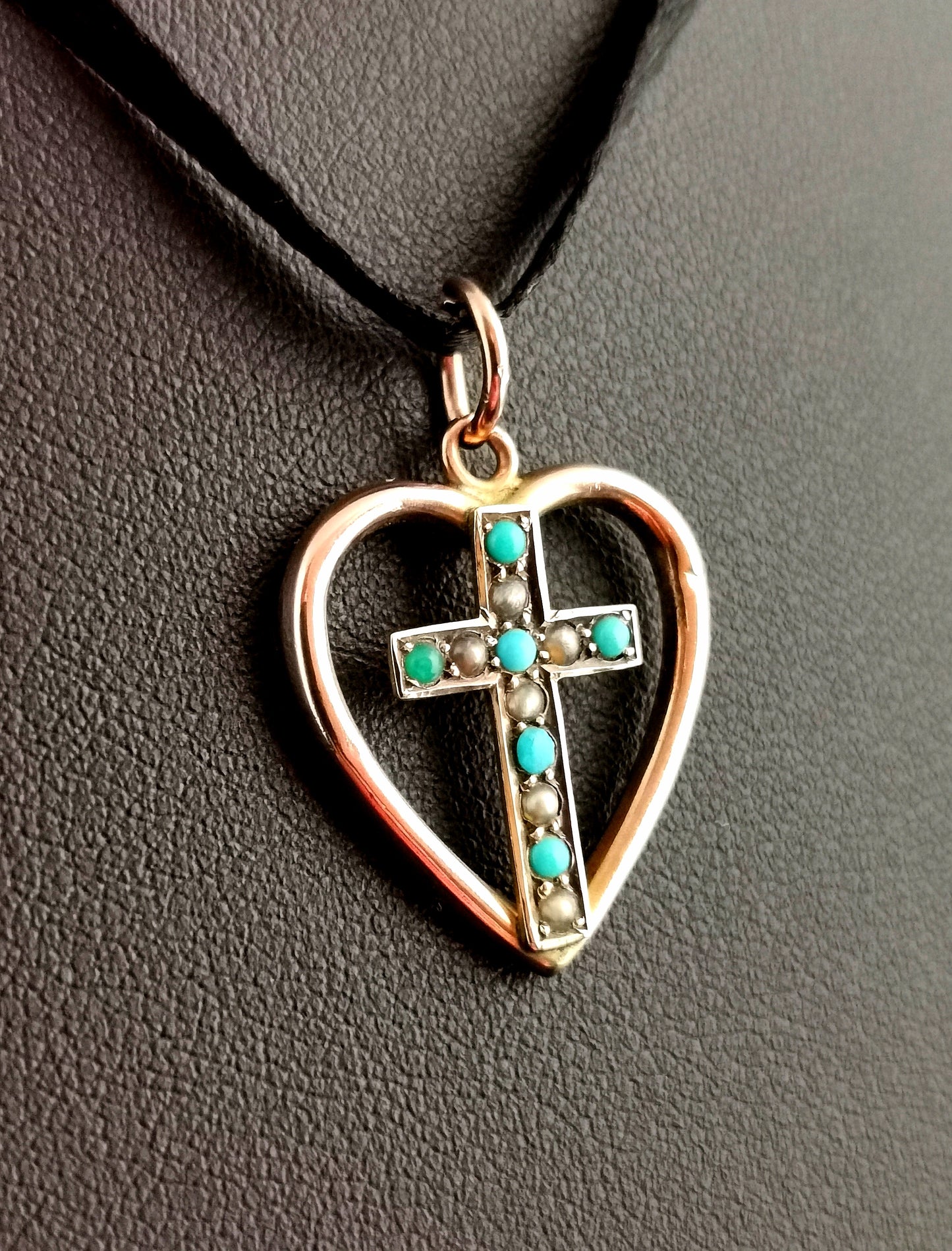 Antique Heart and Cross pendant, Turquoise and seed pearl, 9ct Rose gold