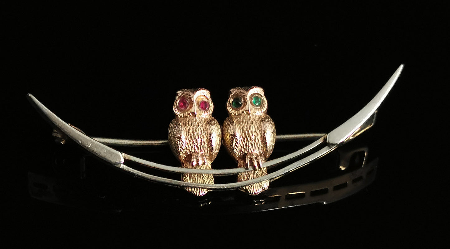 Antique Owls and Crescent brooch, Sterling silver, 9ct gold, Paste stone