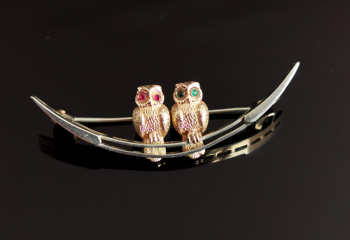 Antique Owls and Crescent brooch, Sterling silver, 9ct gold, Paste stone