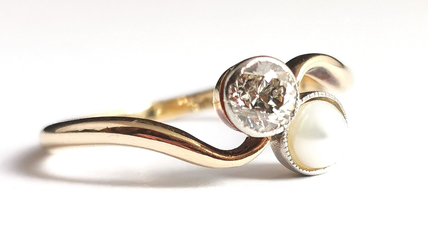 Antique Diamond and pearl Crossover ring, 18ct gold, Toi Et Moi