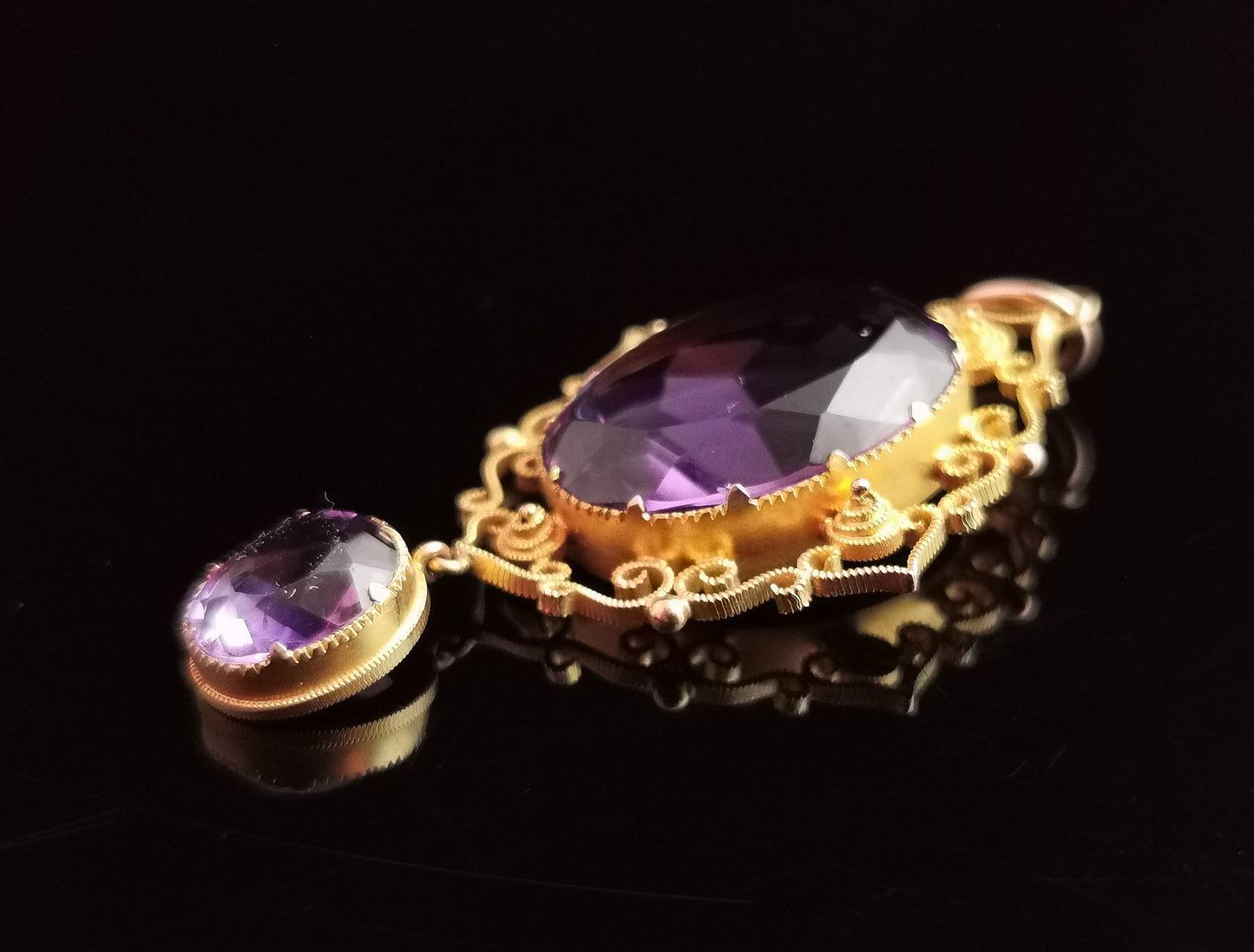 Antique Victorian Amethyst drop pendant, 18ct gold, Cannetille