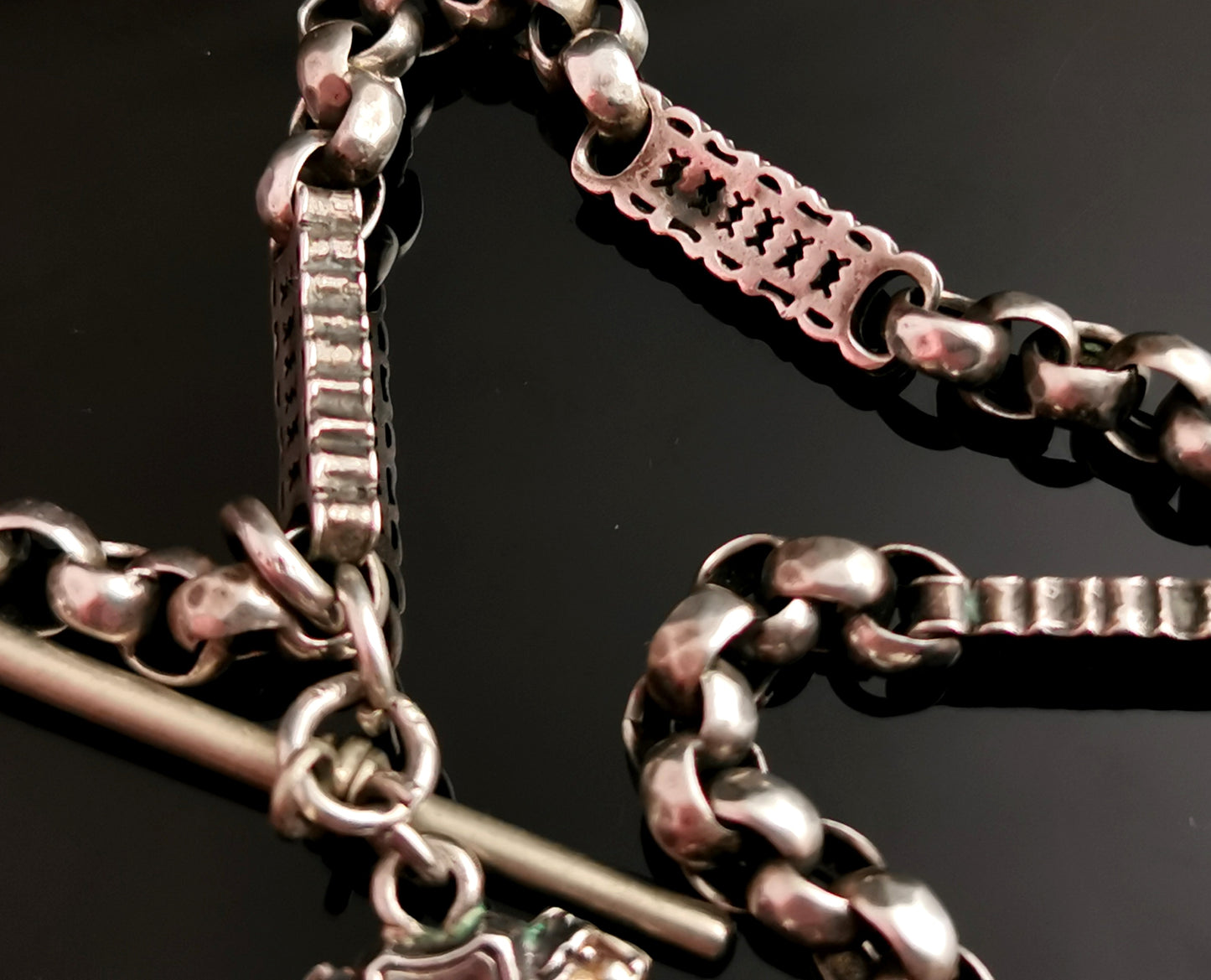 Antique silver Albert chain, Fancy link, Lion swivel fob, watch chain