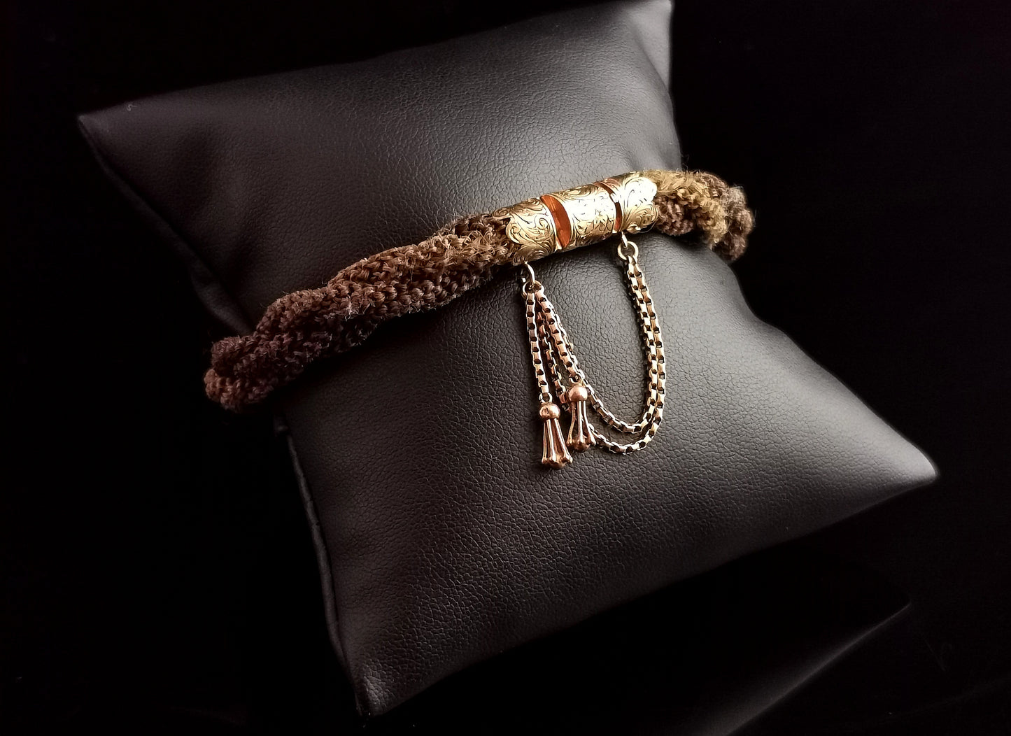 Antique Victorian hairwork mourning bracelet, 9ct gold, tassle