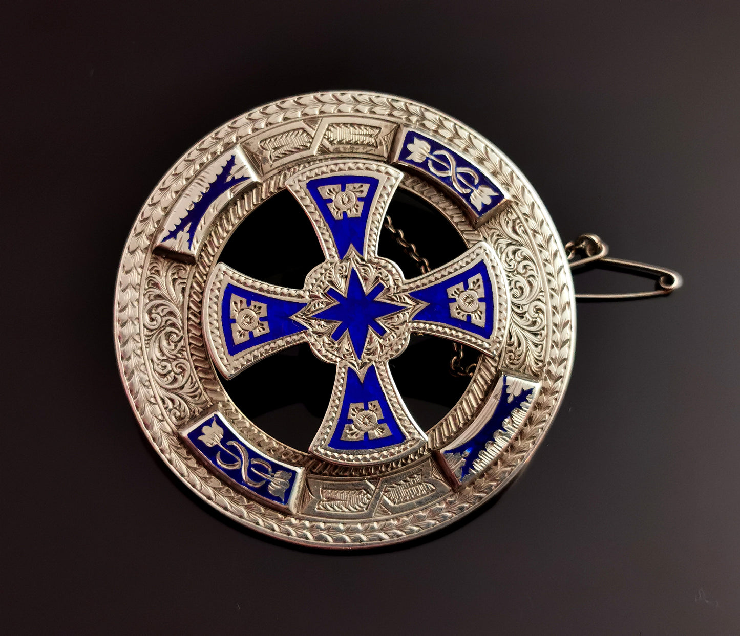 Antique Scottish silver and enamel brooch, Celtic Cross, Victorian