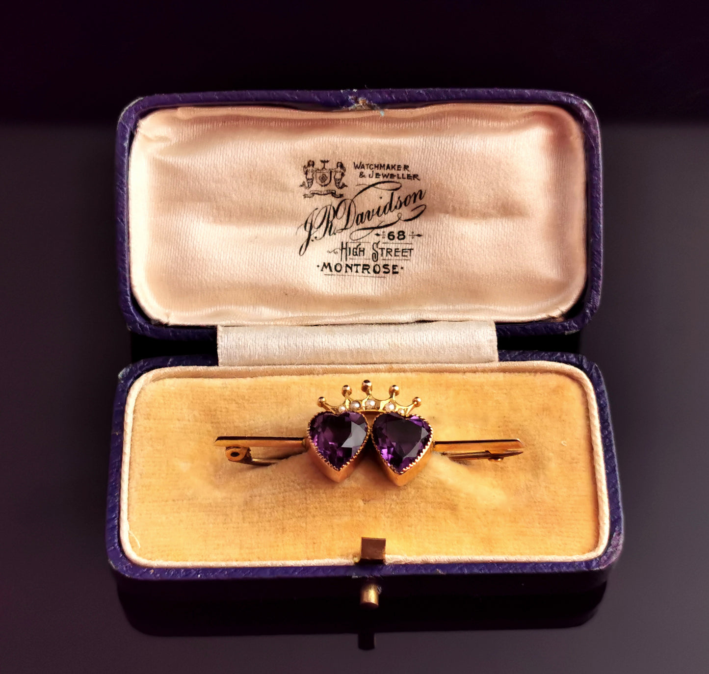Antique Amethyst Crowned hearts brooch, 9ct gold, Seed pearl, Boxed