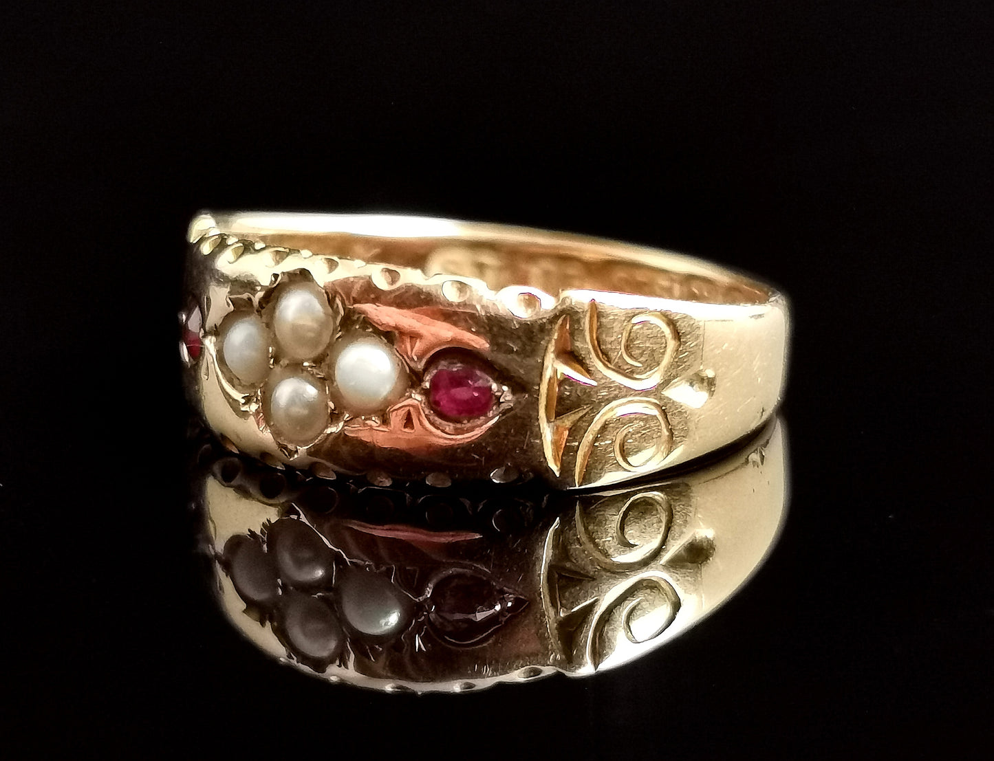 Antique Ruby and pearl ring, 15ct gold, Victorian