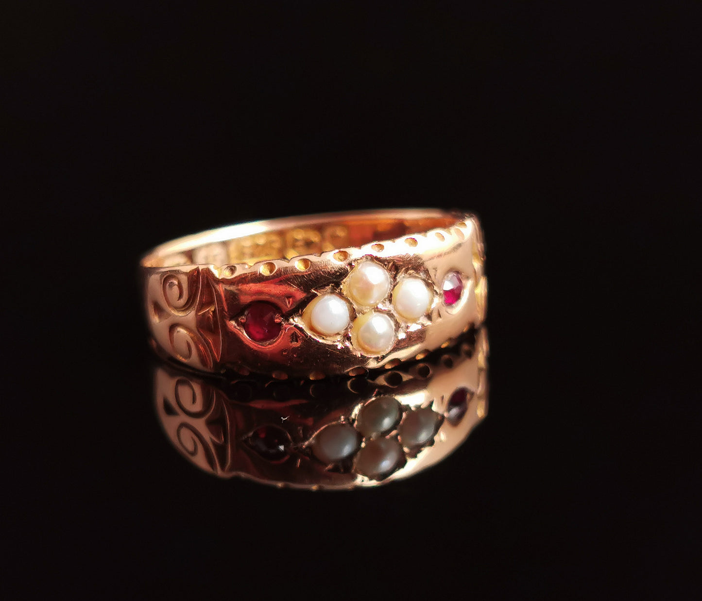 Antique Ruby and pearl ring, 15ct gold, Victorian