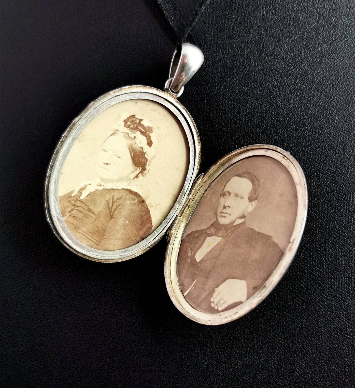 Antique Victorian silver locket pendant, aesthetic era, line engraved