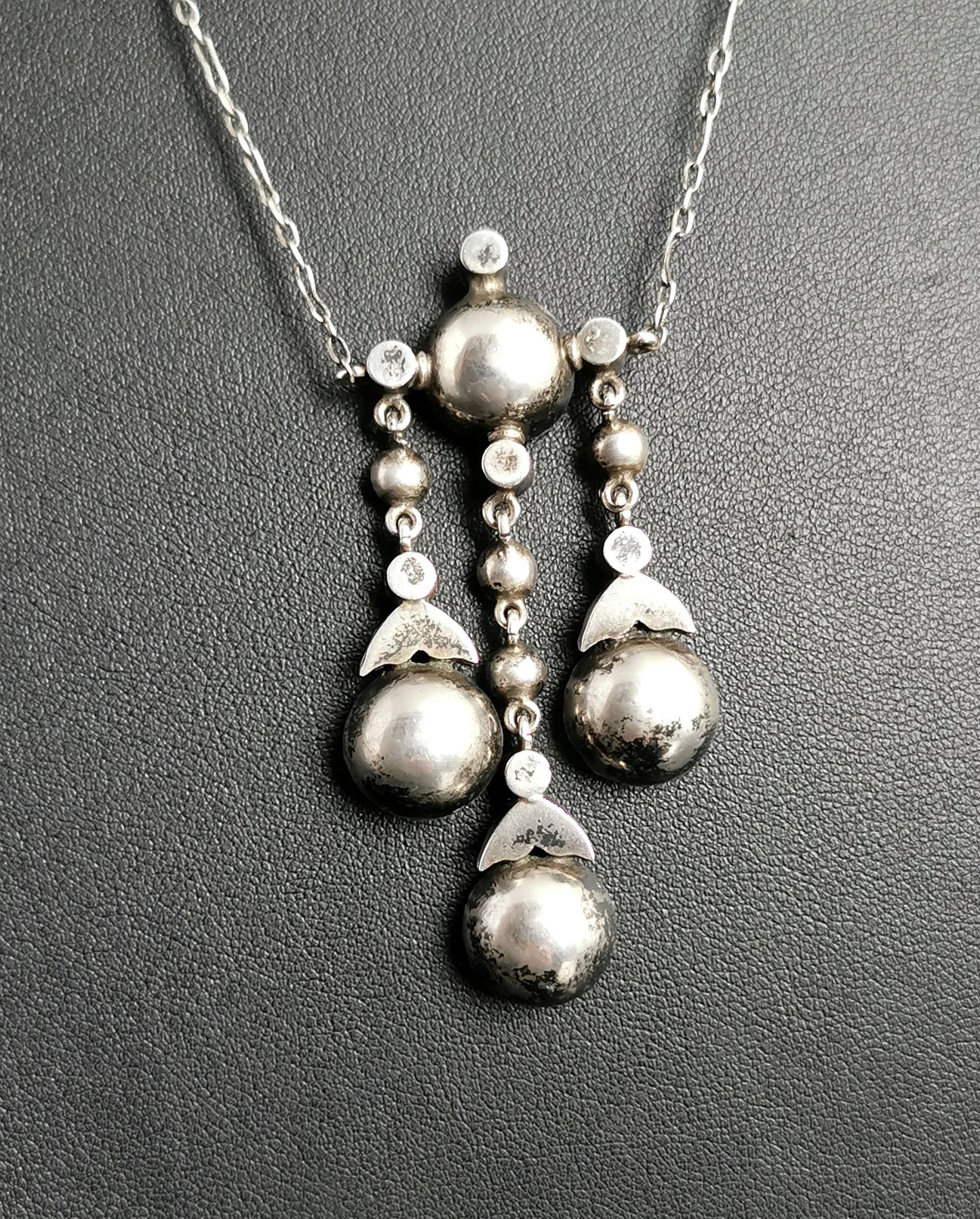 Antique Georgian paste pendant necklace, foiled paste, Sterling silver