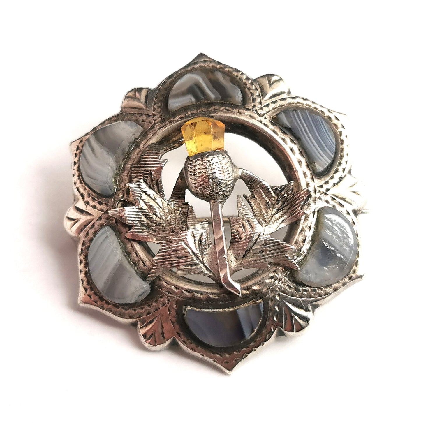 Antique Scottish agate and Silver Thistle brooch, Victorian