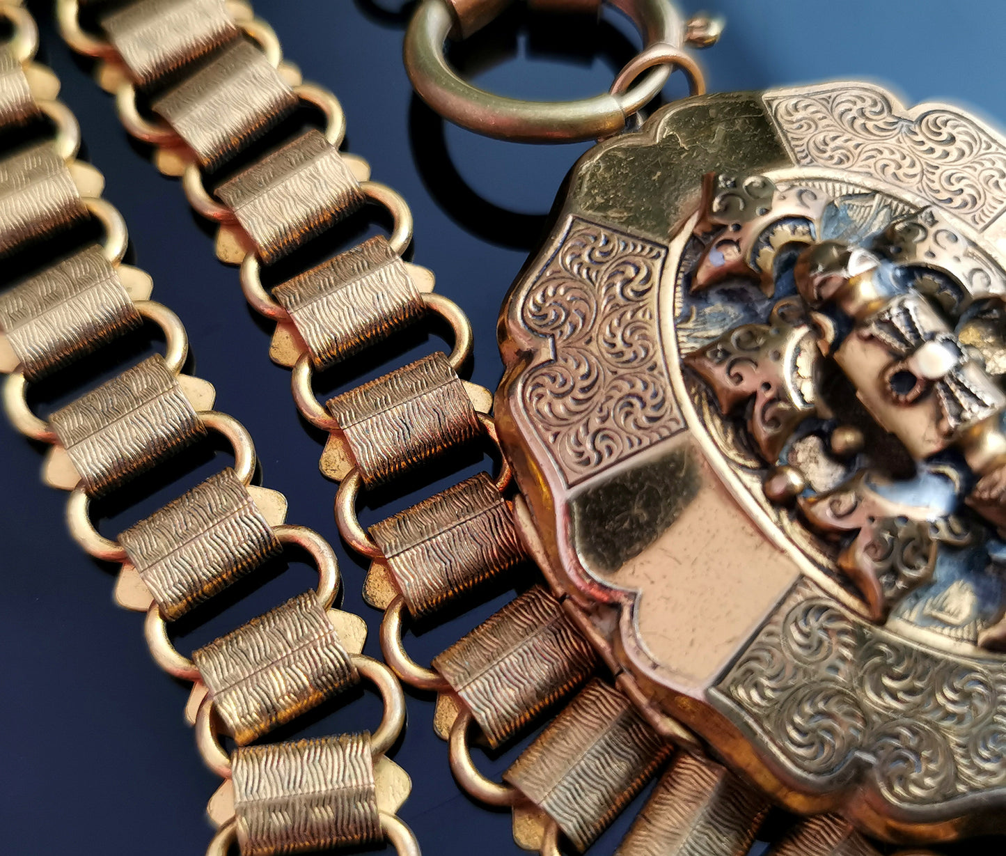 Victorian gilt locket and book chain necklace