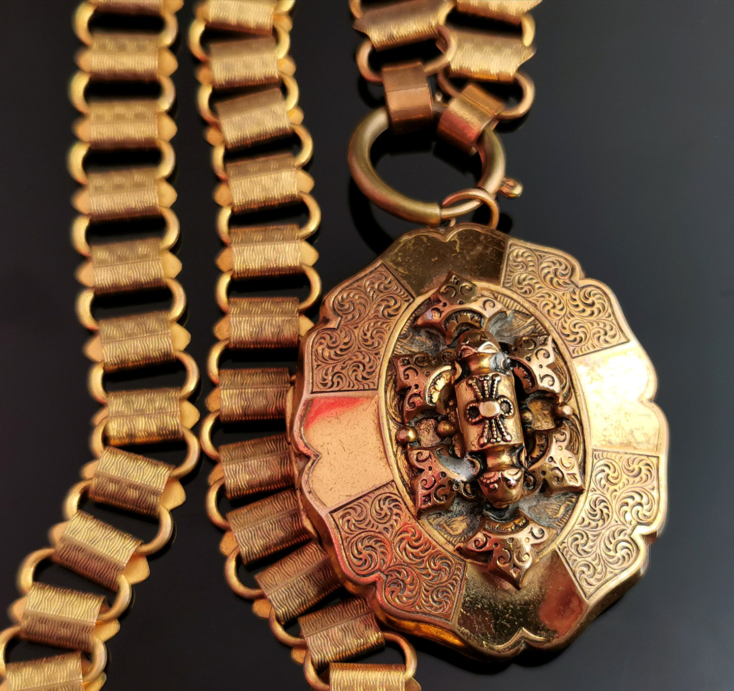 Victorian gilt locket and book chain necklace