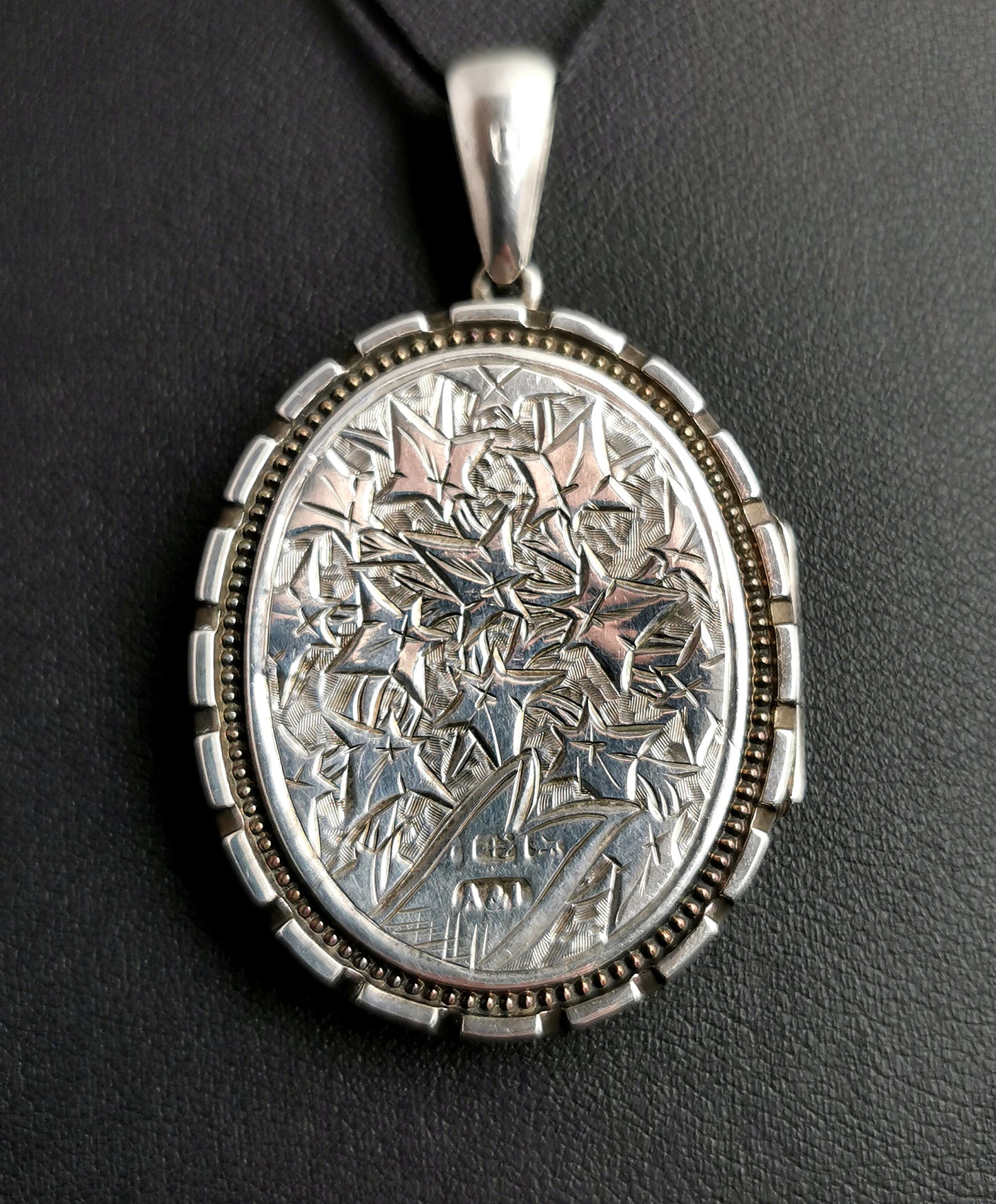 Victorian silver locket, pendant, Ivy and Floral engraved