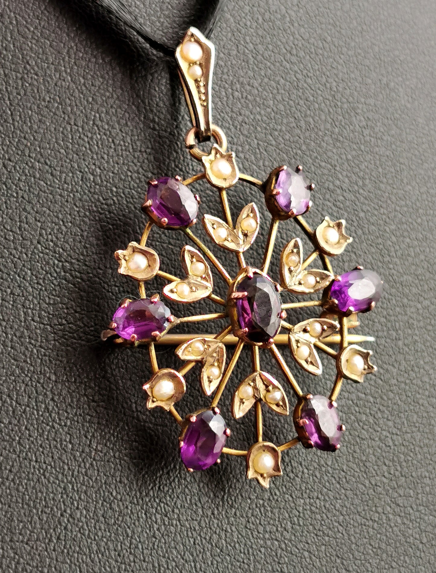 Antique Art Nouveau Amethyst and pearl pendant brooch, Floral Starburst, 9ct gold