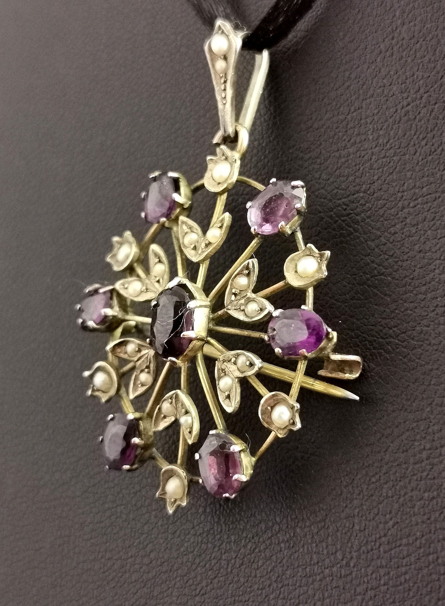 Antique Art Nouveau Amethyst and pearl pendant brooch, Floral Starburst, 9ct gold