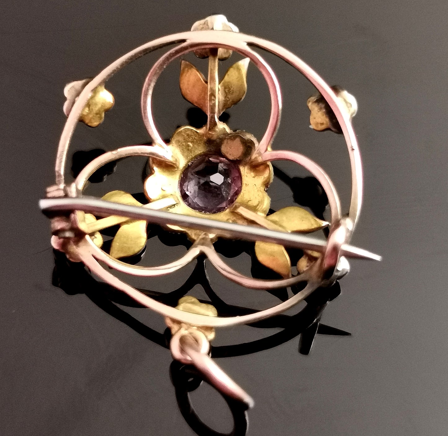 Antique Art Nouveau Amethyst and pearl pendant brooch, floral, 9ct gold