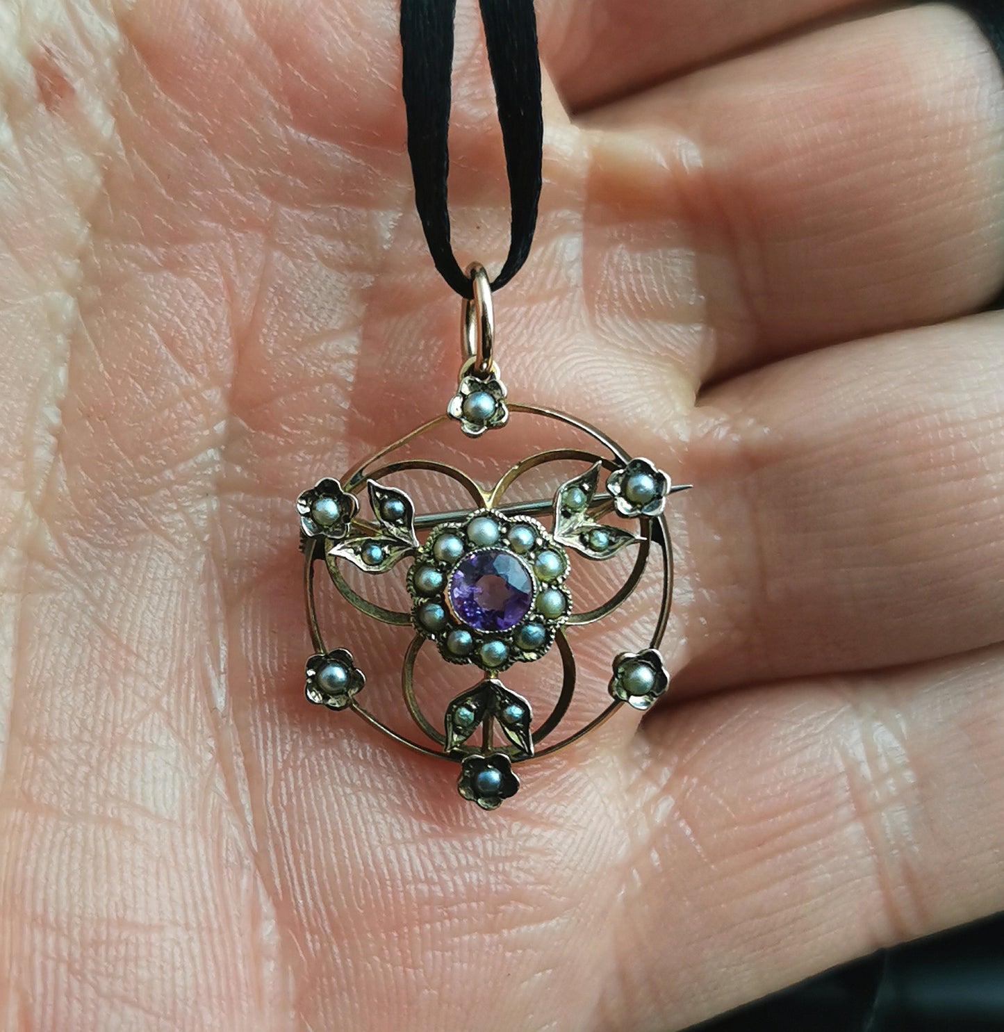 Antique Art Nouveau Amethyst and pearl pendant brooch, floral, 9ct gold
