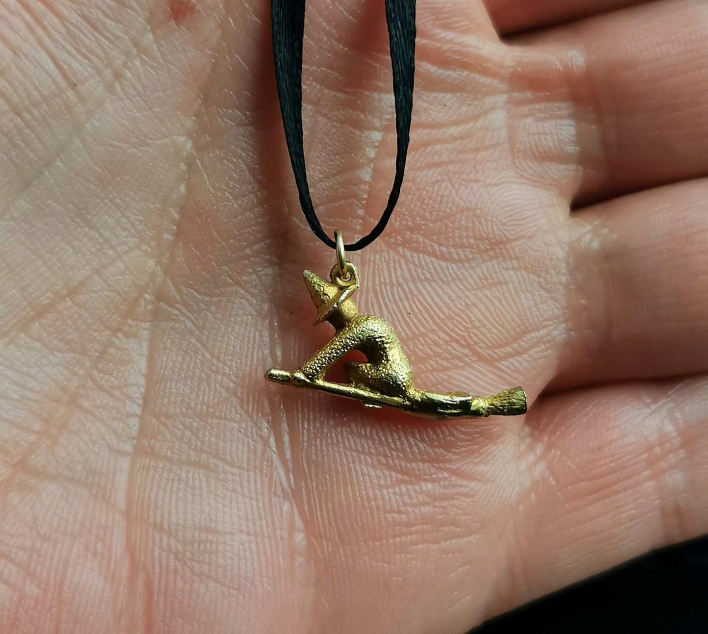 Vintage 9ct gold witch and Broomstick pendant, charm
