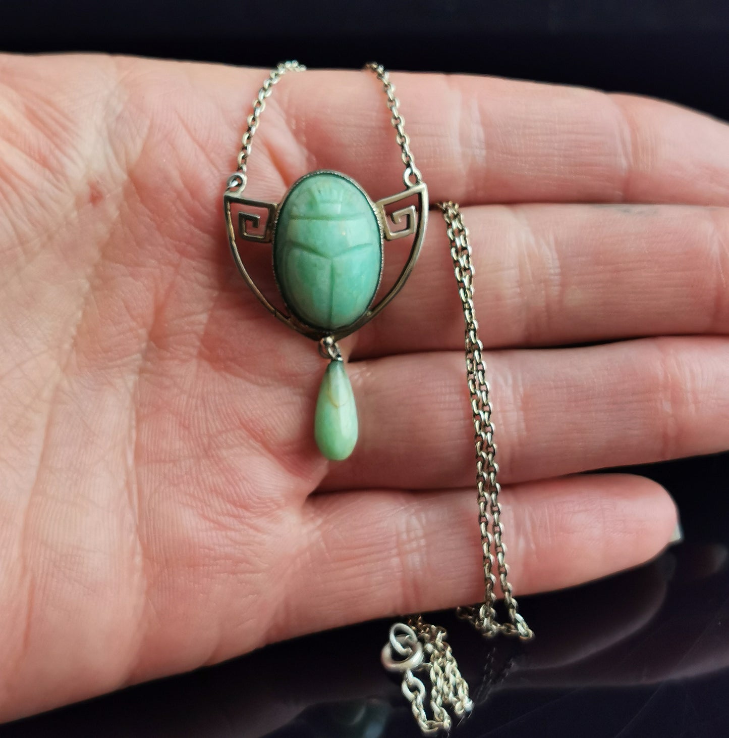 Arts and crafts scarab beetle necklace, Sterling silver and Amazonite