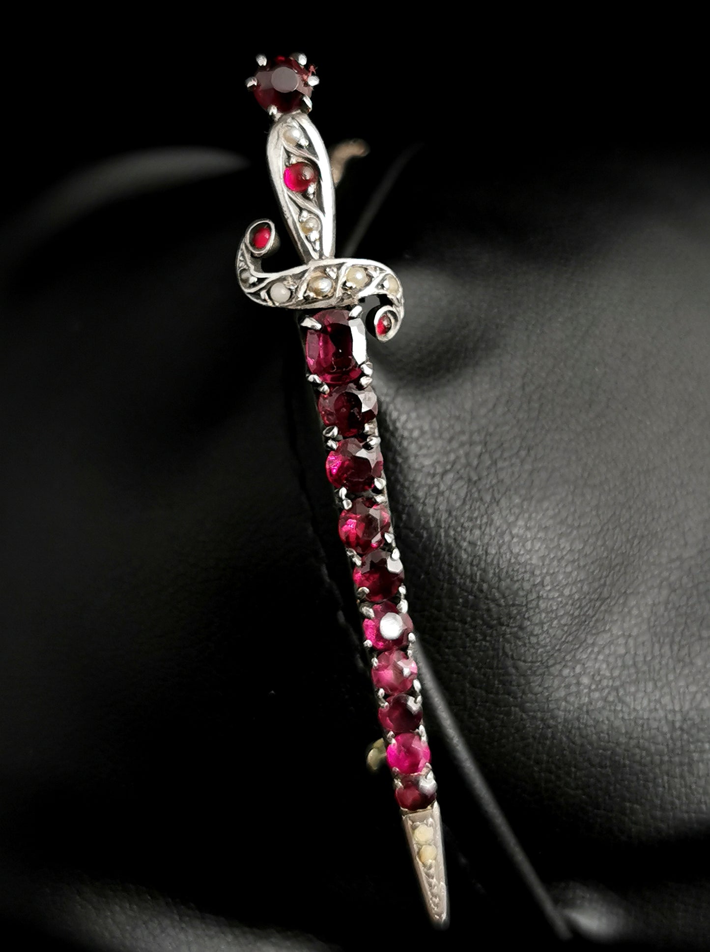 Antique French Garnet sword brooch, silver, 19th century