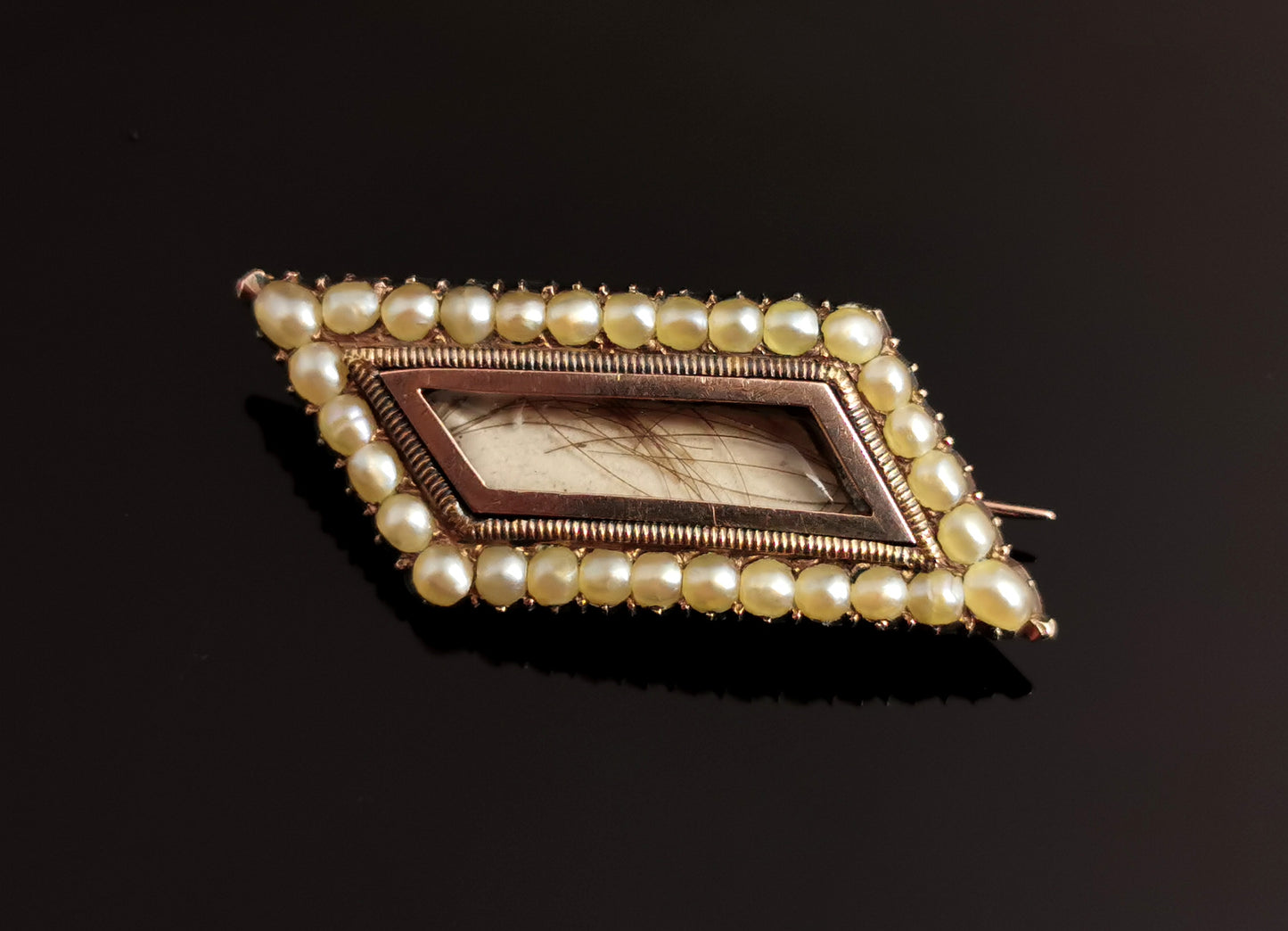 Antique Georgian mourning brooch, 9ct Rose gold, pearl, Rhomboid