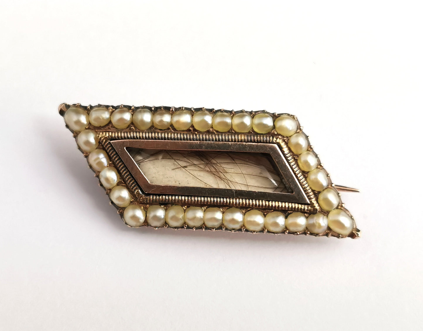 Antique Georgian mourning brooch, 9ct Rose gold, pearl, Rhomboid