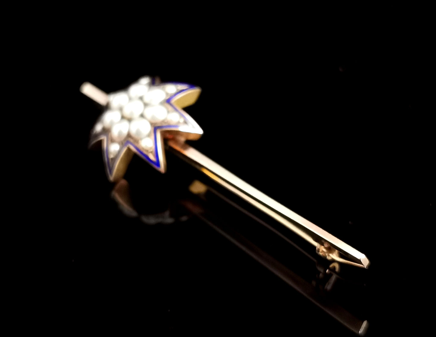 Antique Star brooch, pearl and blue enamel, 9ct gold