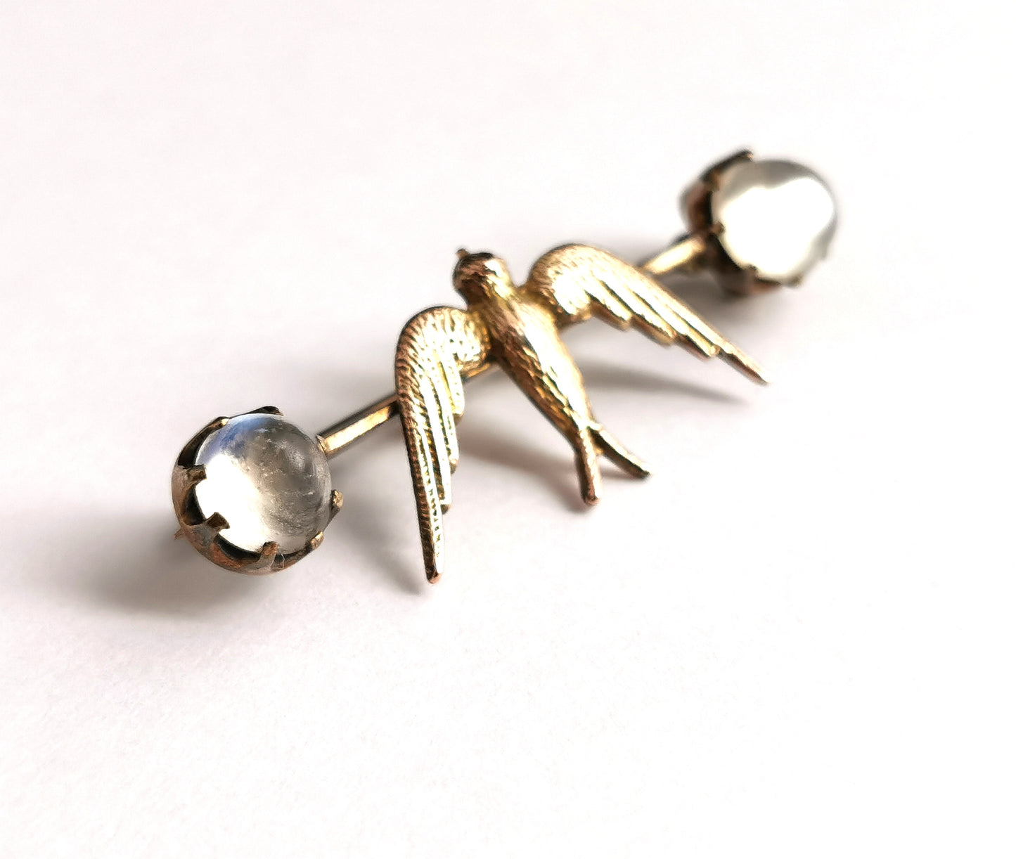 Antique Moonstone Swallow brooch, 12ct gold, Edwardian pin