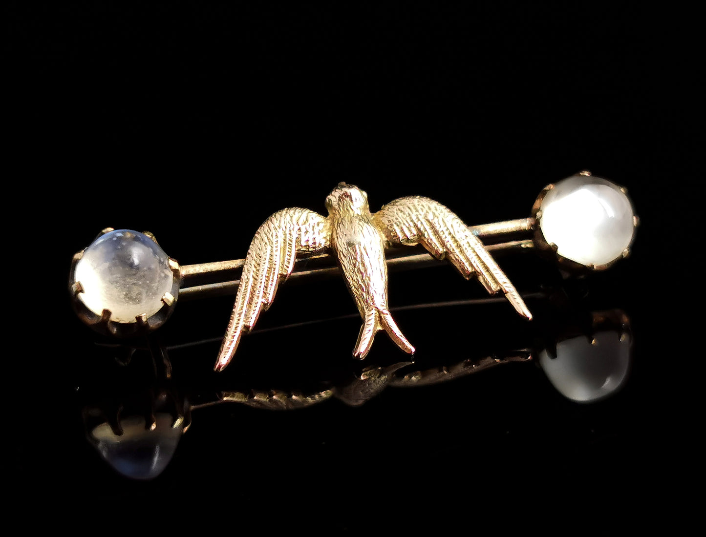 Antique Moonstone Swallow brooch, 12ct gold, Edwardian pin