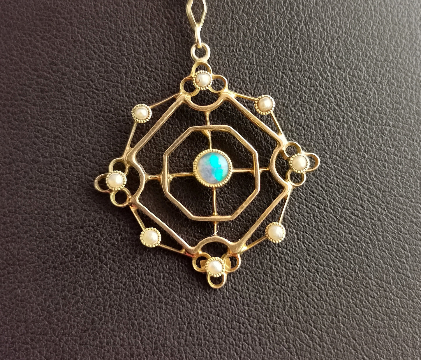 Antique Opal and seed pearl pendant, 15ct gold, Art Nouveau
