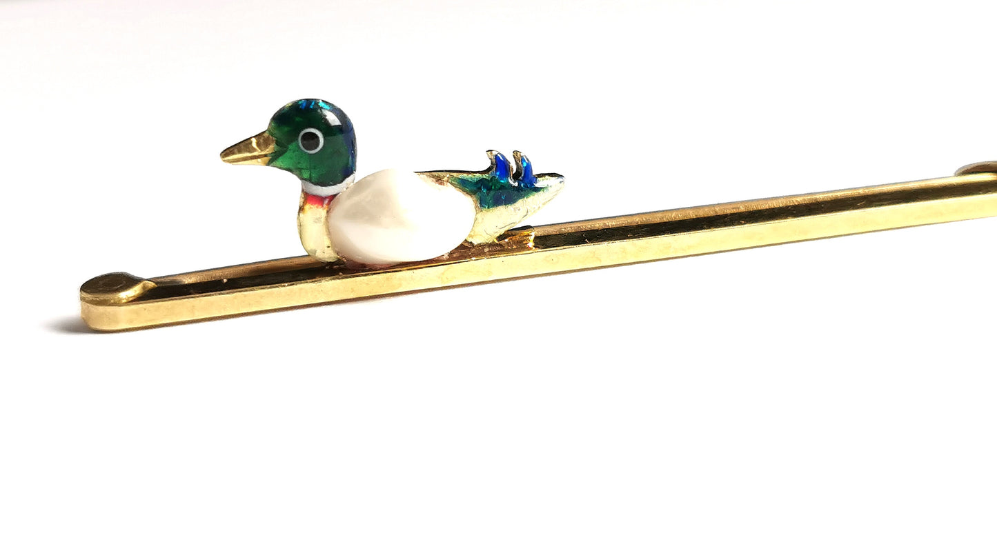 Antique 15ct gold Duck brooch, Enamel and Baroque pearl