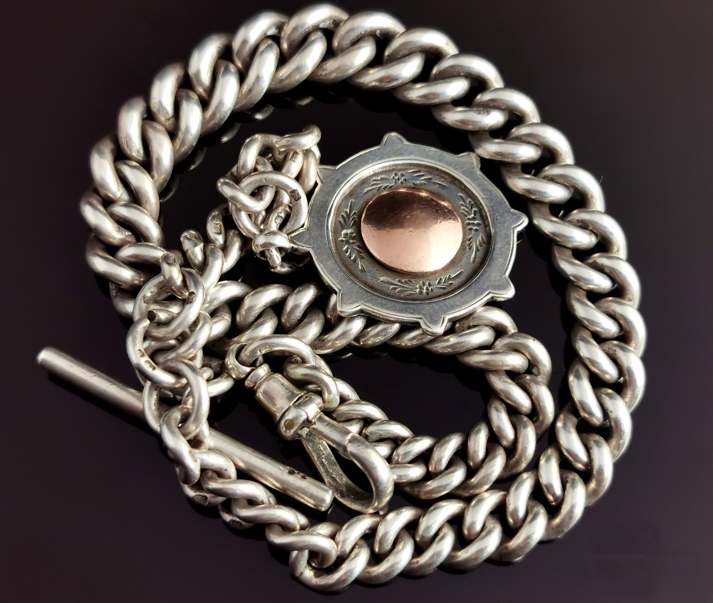 Antique silver Albert chain, chunky curb link, watch chain, fob
