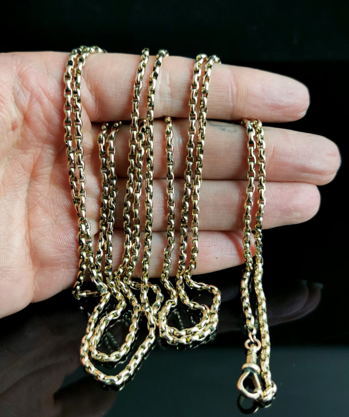Antique 9ct gold longuard chain necklace, Edwardian, muff chain