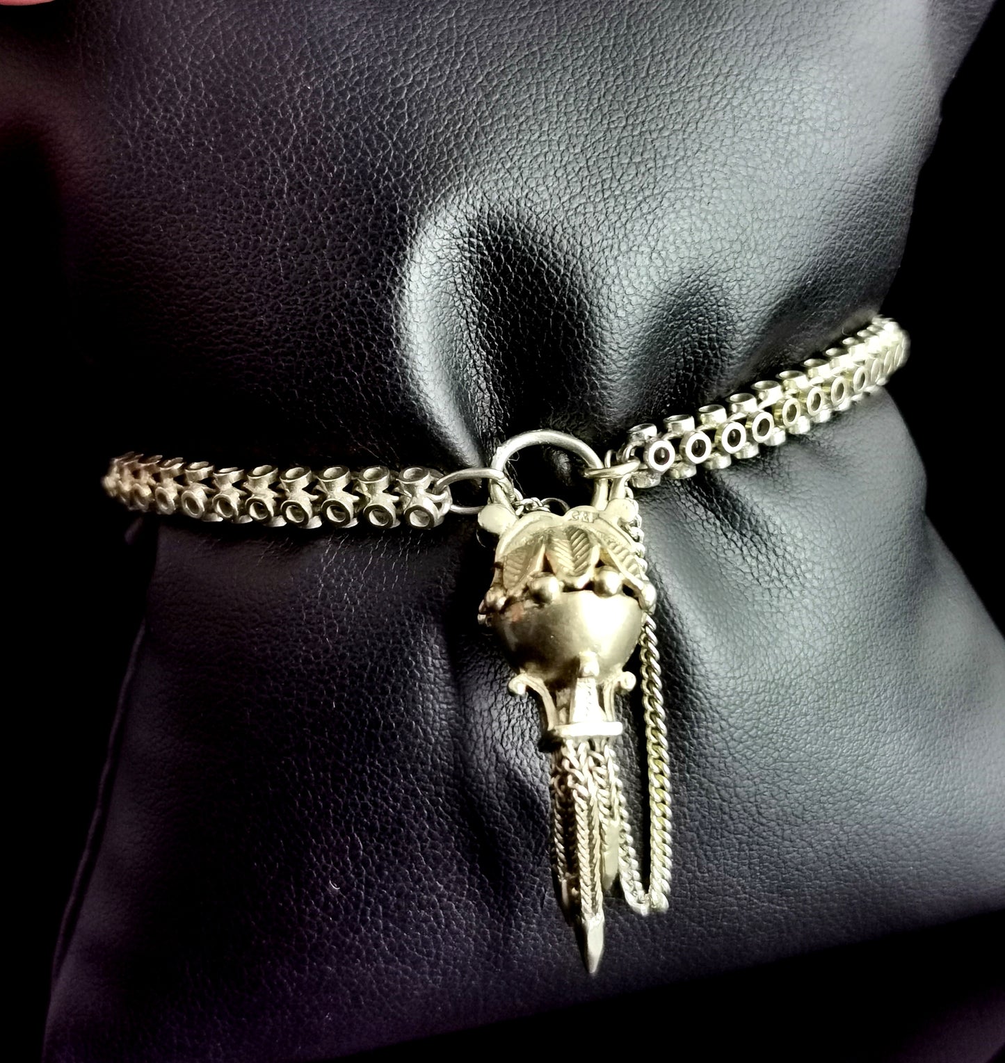 Antique 9ct gold fancy link bracelet, tassle padlock clasp