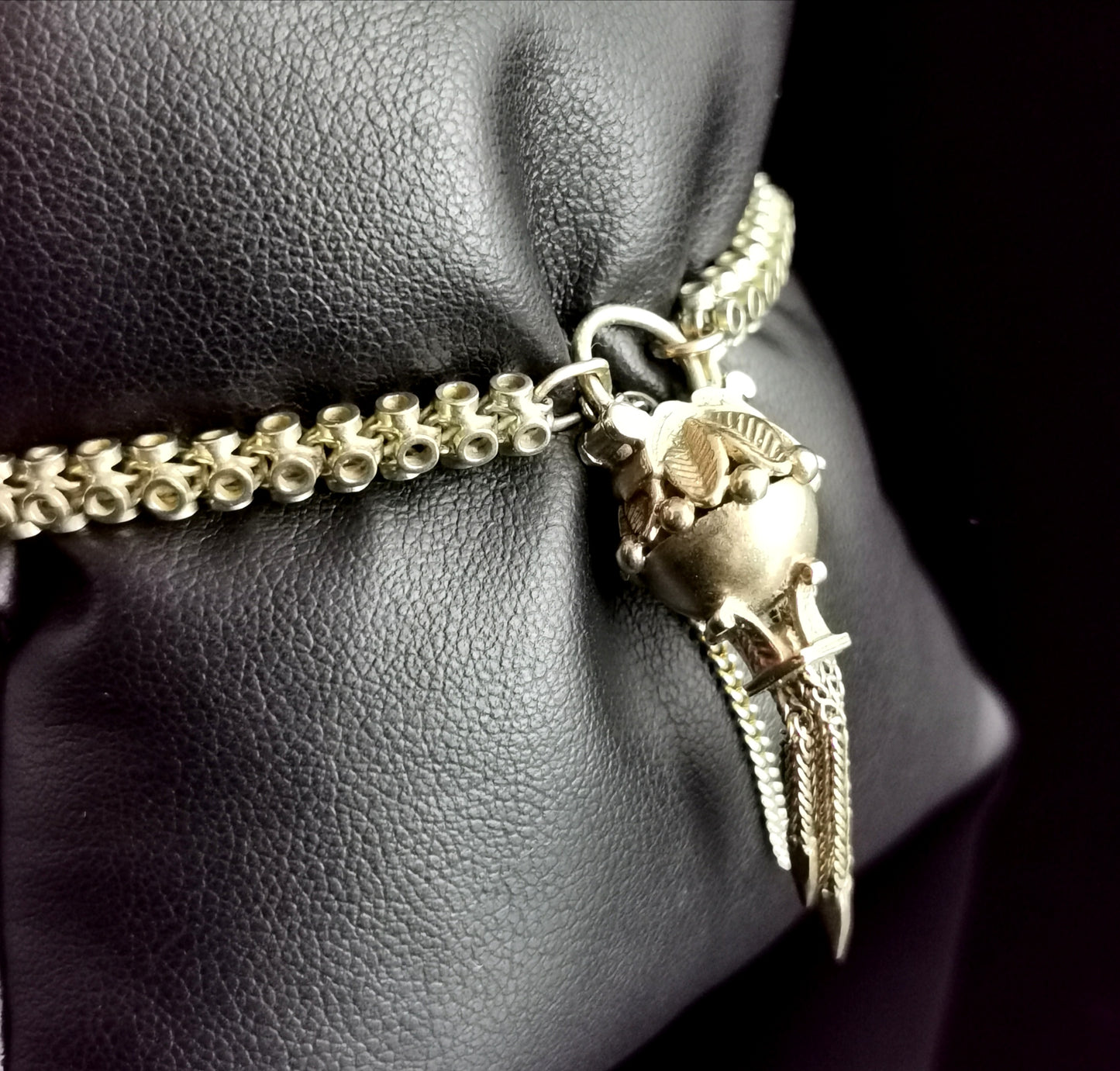 Antique 9ct gold fancy link bracelet, tassle padlock clasp