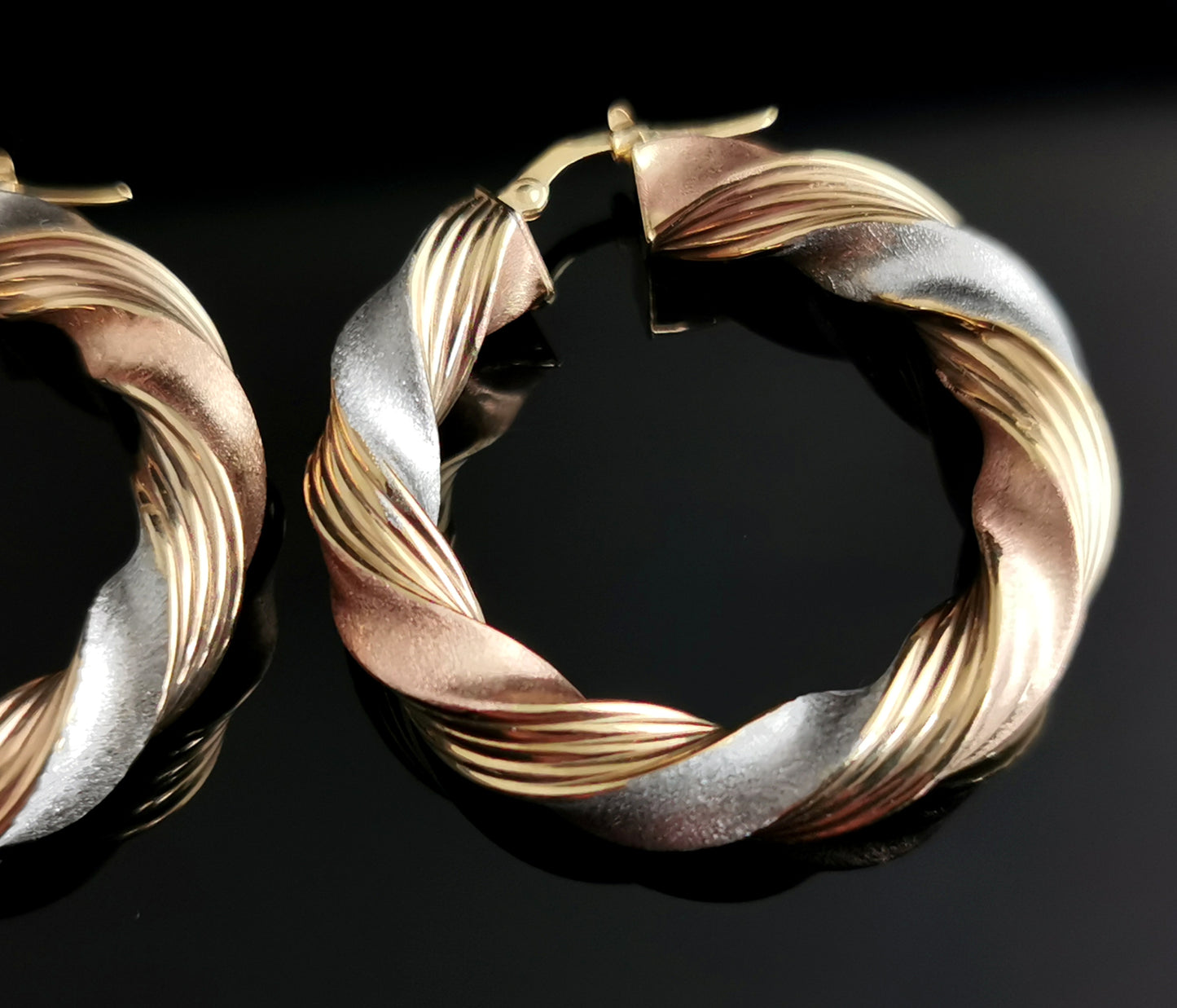 Vintage 9ct Tri colour gold twist hoop earrings, 90s