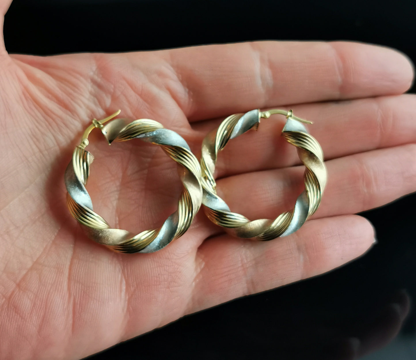 Vintage 9ct Tri colour gold twist hoop earrings, 90s