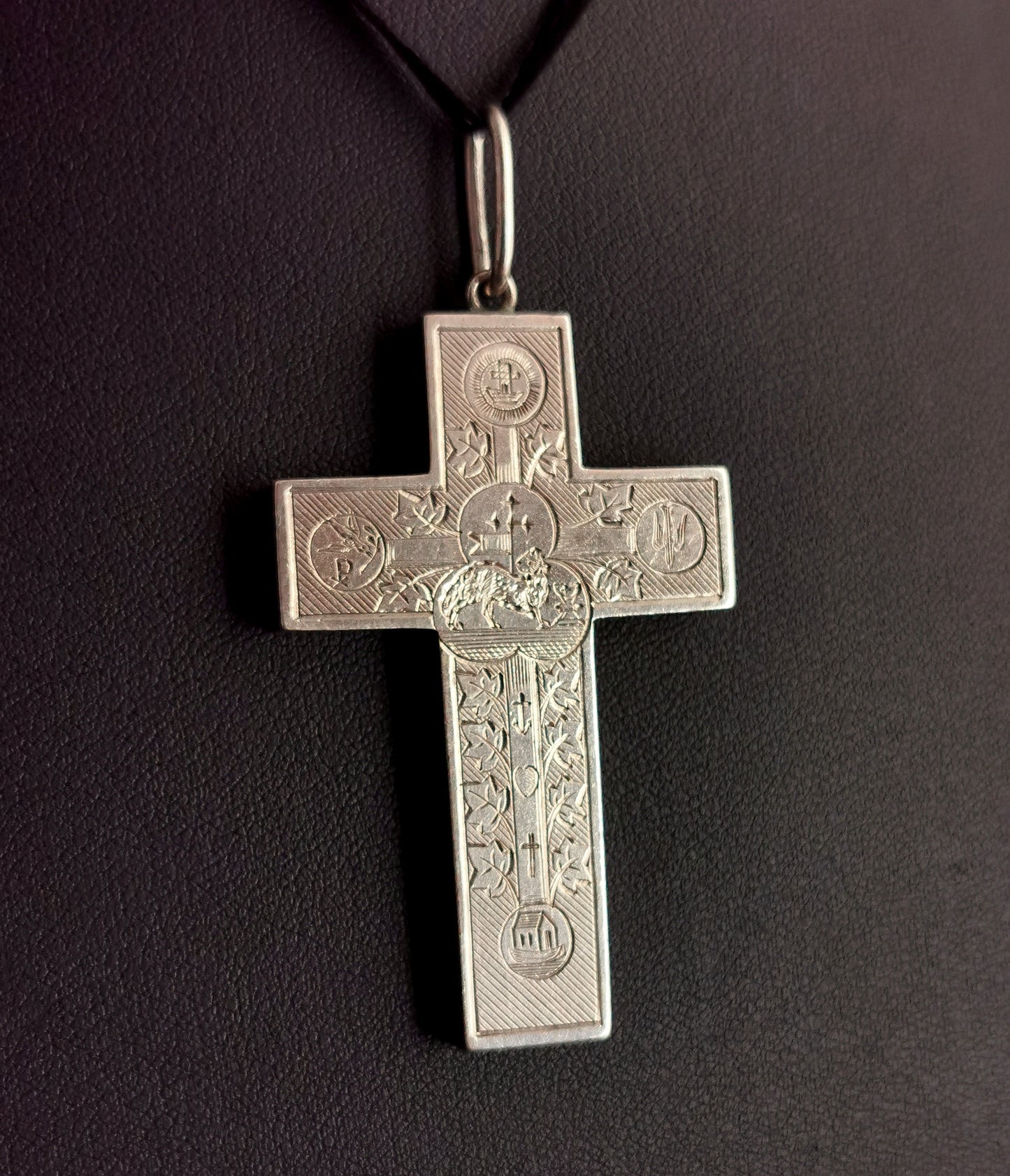 Antique Victorian silver Cross pendant, engraved, Peace