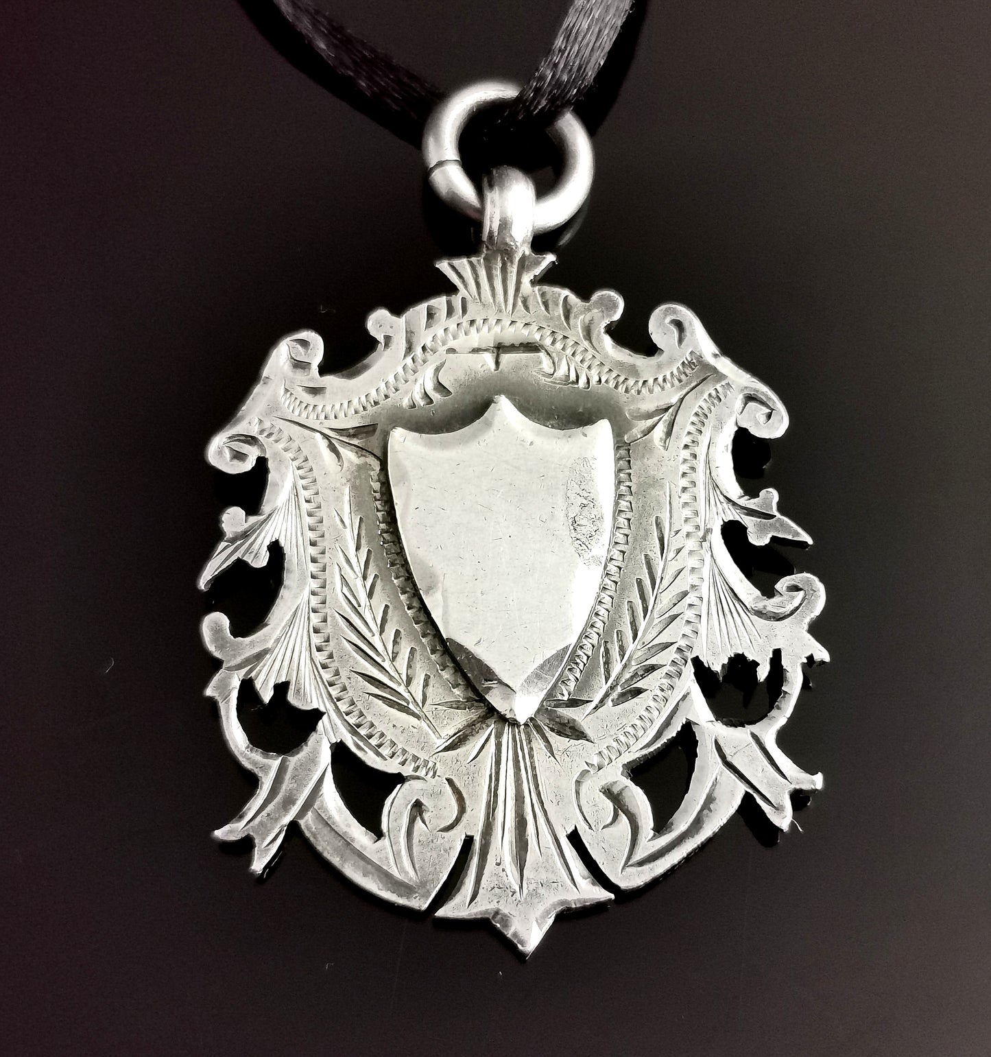 Antique Victorian silver shield fob, watch fob, Pendant