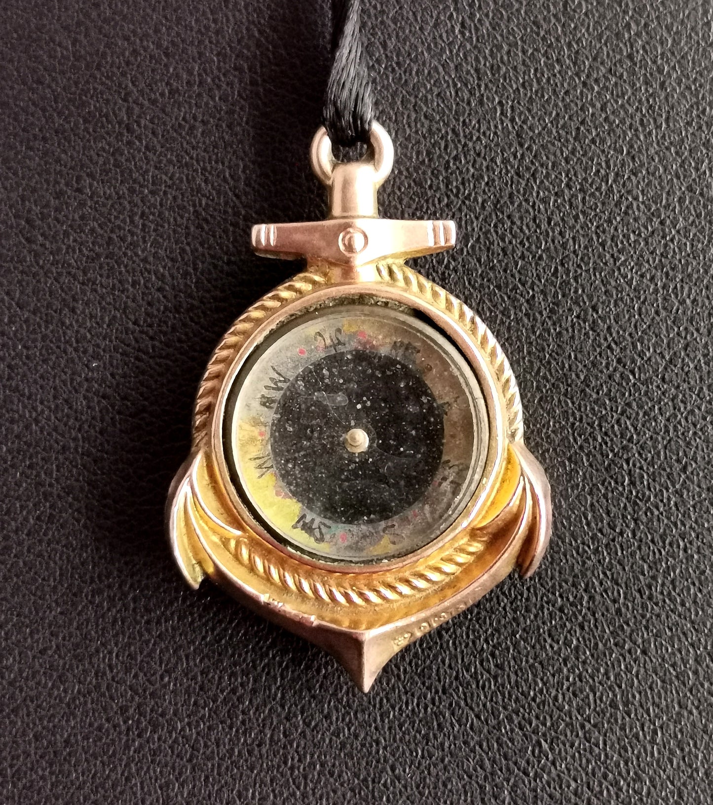 Antique 9ct Rose gold compass pendant, Anchor, Nautical fob