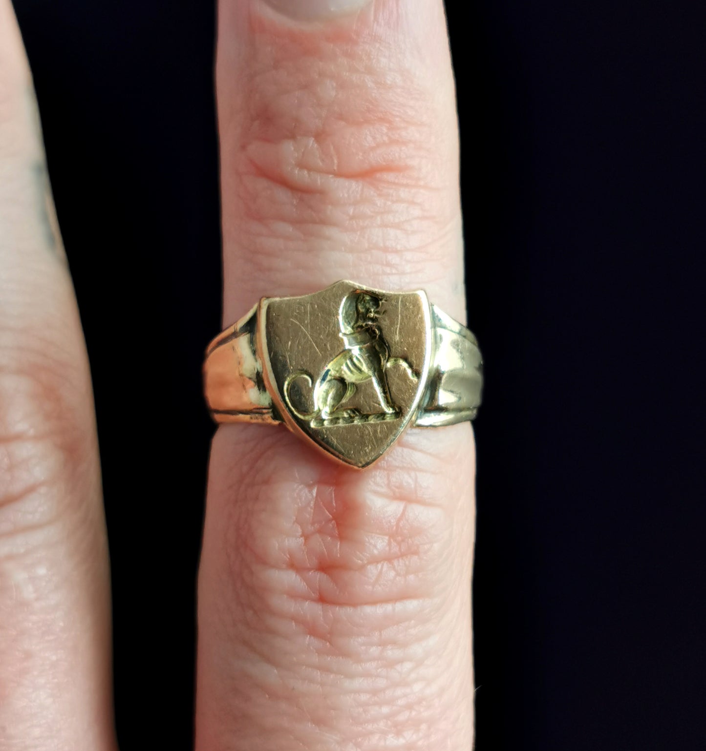 Antique 9ct gold Lion Signet ring, shield shaped