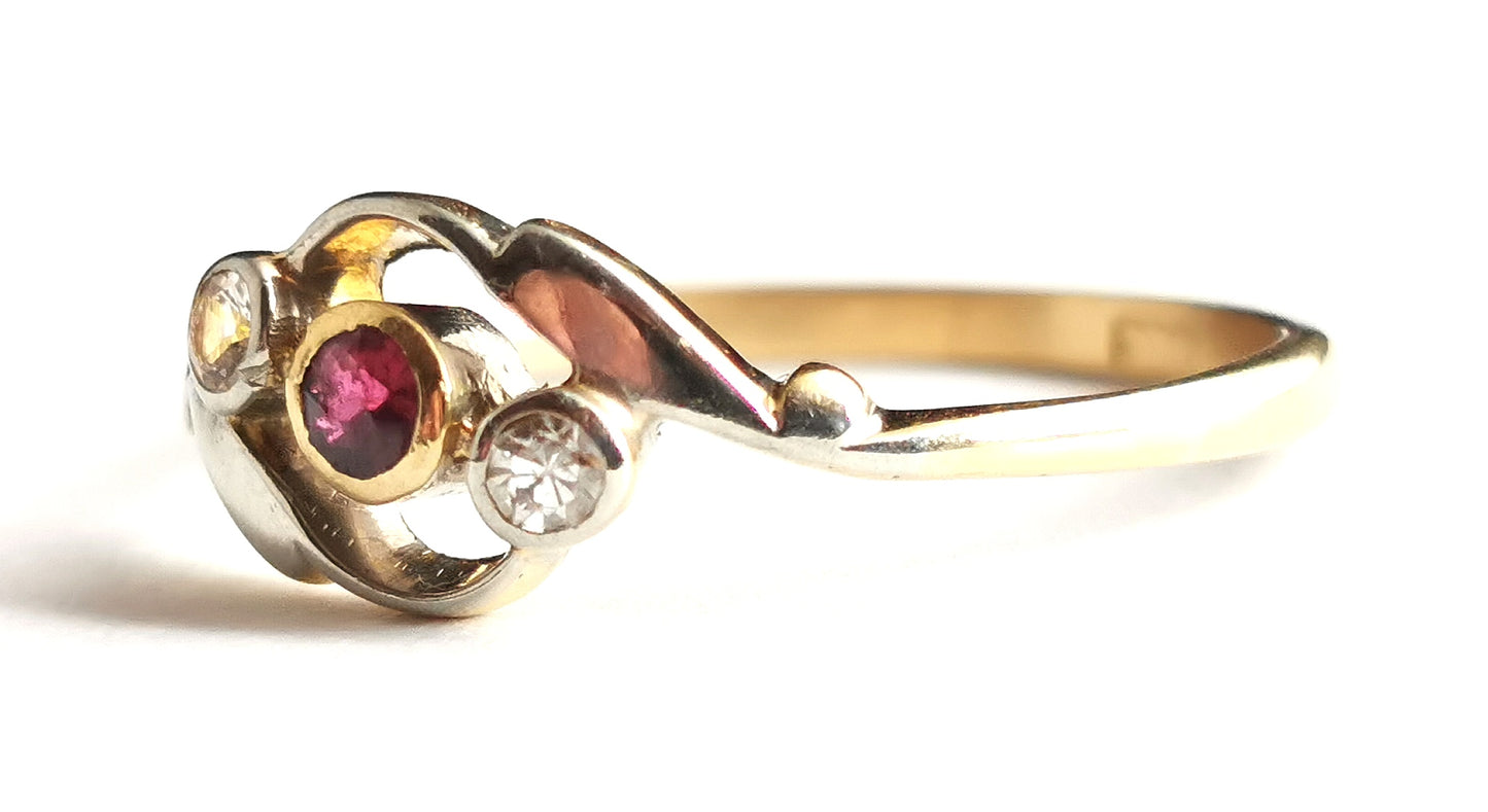 Antique Art Deco Ruby and Diamond Crossover ring, trilogy, 18ct gold and platinum