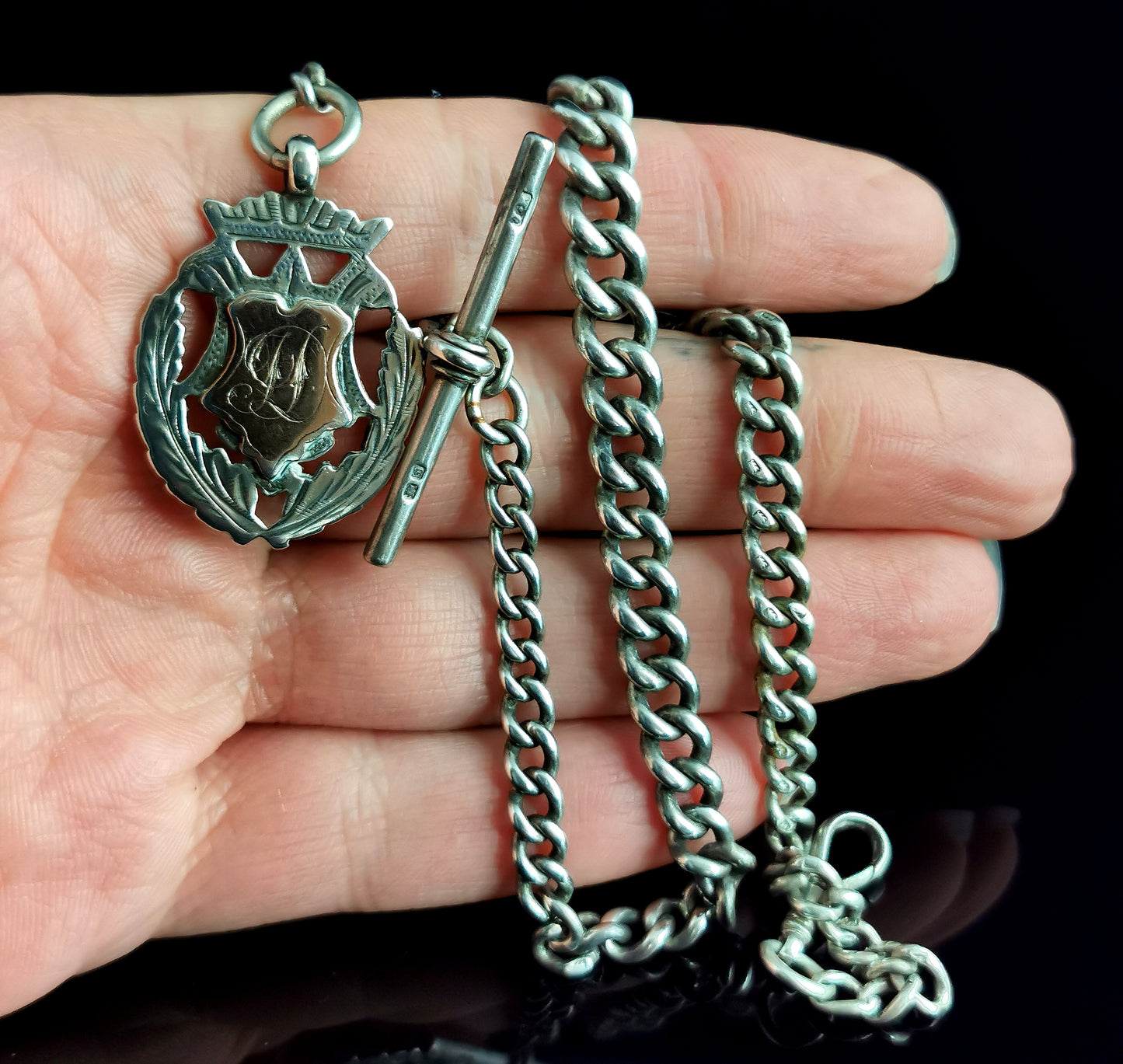 Antique Victorian silver Albert chain, watch chain, Fob